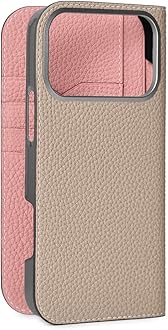 ボナベンチュラ iPhone用レザーケース グレージュ×ピンク ポケット付き ボナベンチュラ iPhone用レザーケース グレージュ×ピンク